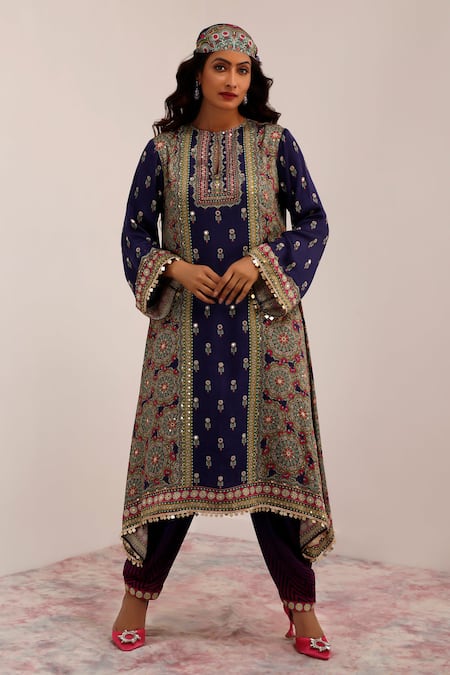 Shop_Surkh Syahi_Blue Cotton, Silk Embroidery Collared Mandala Art Print Kurta Set _Online_at_Aza_Fashions