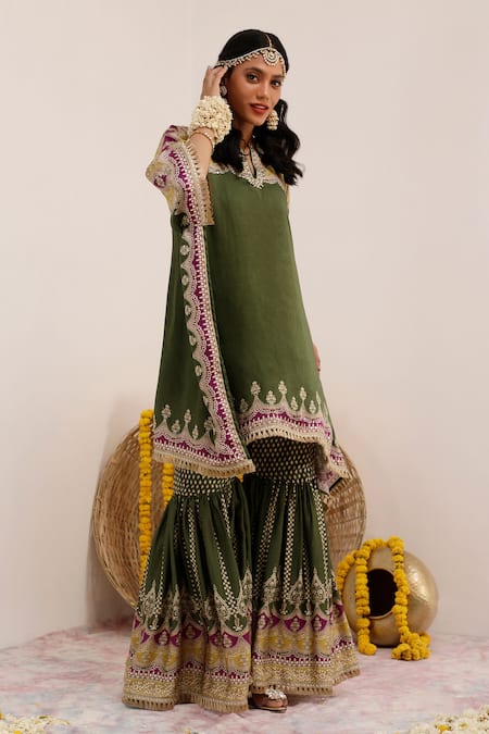Buy_Surkh Syahi_Green Crepe Foil Printing, Embroidery Notched Tribal Bloom Kaftan And Gharara Set _Online_at_Aza_Fashions