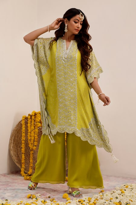 Shop_Surkh Syahi_Green Crepe, Chiffon Pearls Split V-neck Print Kaftan And Palazzo Set _Online_at_Aza_Fashions