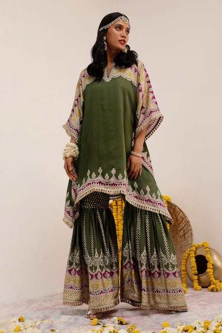 Shop_Surkh Syahi_Green Crepe Foil Printing, Embroidery Notched Tribal Bloom Kaftan And Gharara Set _Online_at_Aza_Fashions