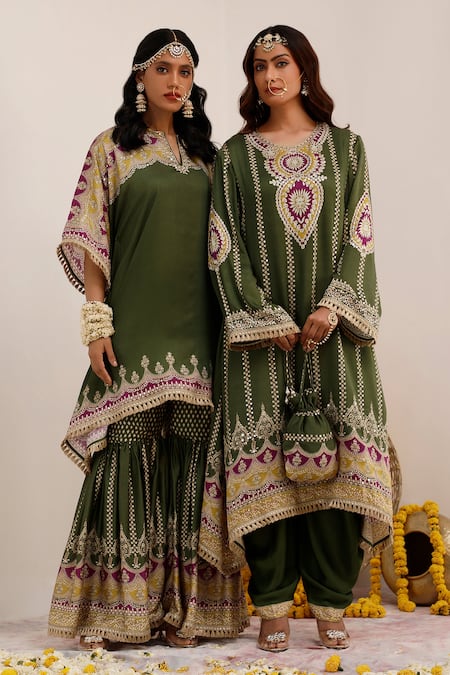 Surkh Syahi_Green Crepe Foil Printing, Embroidery Notched Tribal Bloom Kaftan And Gharara Set _at_Aza_Fashions