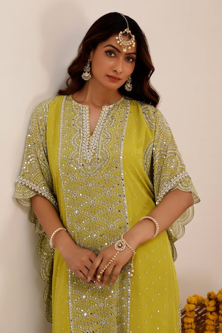 Surkh Syahi_Green Crepe, Chiffon Pearls Split V-neck Print Kaftan And Palazzo Set _at_Aza_Fashions
