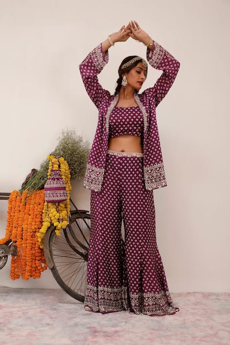 Buy_Surkh Syahi_Purple Crepe Mirrors, Embroidery, Foil Printing Gulshan Blazer And Sharara Set _Online_at_Aza_Fashions