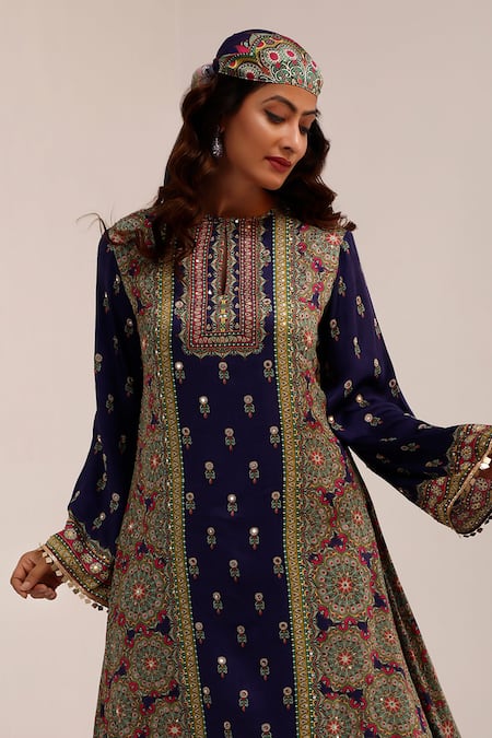 Buy_Surkh Syahi_Blue Cotton, Silk Embroidery Collared Mandala Art Print Kurta Set 