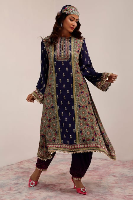 Shop_Surkh Syahi_Blue Cotton, Silk Embroidery Collared Mandala Art Print Kurta Set 