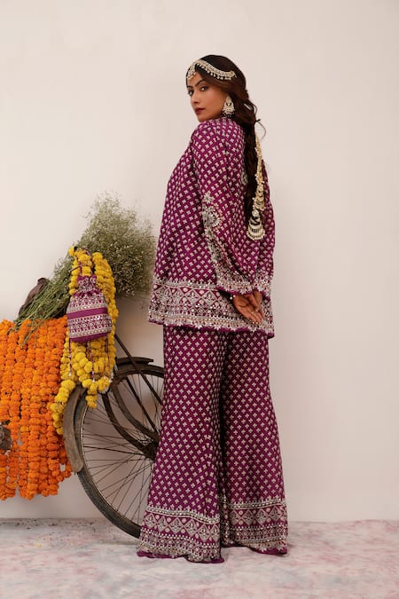 Shop_Surkh Syahi_Purple Crepe Mirrors, Embroidery, Foil Printing Gulshan Blazer And Sharara Set _at_Aza_Fashions