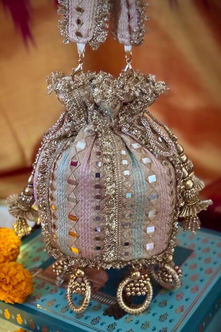 Shop_Bhavna Kumar_Gold Mirrors, Embroidery Potli Bag_at_Aza_Fashions