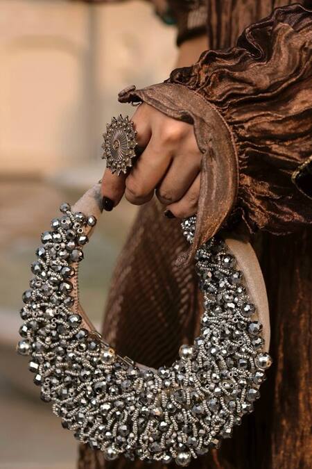 Bhavna Kumar Silver Beads Embellished Moon Bag Online at Aza Fashions Bhavna Kumar_Silver Beads Embellished Moon Bag_Online_at_Aza_Fashions