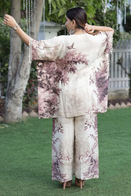 Shop_Surkh Syahi_Pink Linen Embroidery V-neck Floral Print Kaftan And Palazzo Set _at_Aza_Fashions