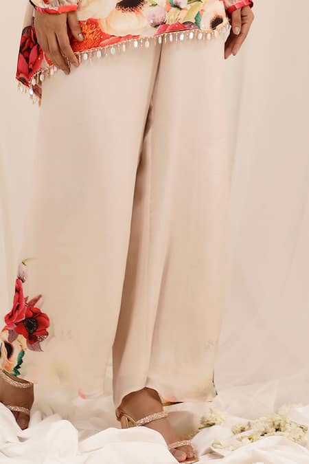 Buy_Surkh Syahi_Peach Chiffon Beads Collared Gul Dasta Print Tunic And Palazzo Set _Online_at_Aza_Fashions