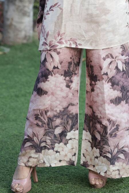 Buy_Surkh Syahi_Pink Linen Embroidery V-neck Floral Print Kaftan And Palazzo Set _Online_at_Aza_Fashions