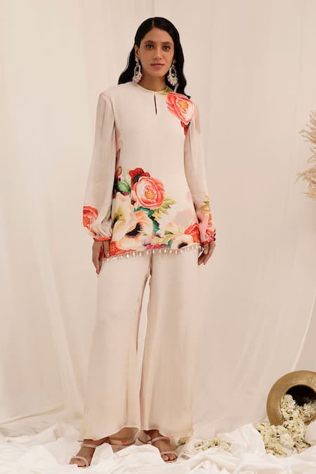 Shop_Surkh Syahi_Peach Chiffon Beads Collared Gul Dasta Print Tunic And Palazzo Set _Online_at_Aza_Fashions