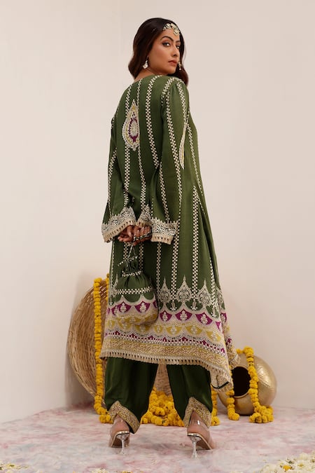 Shop_Surkh Syahi_Olive Green Crepe Embroidery, Mirrors, Tribal Bloom Print Kurta And Dhoti Pant Set _at_Aza_Fashions