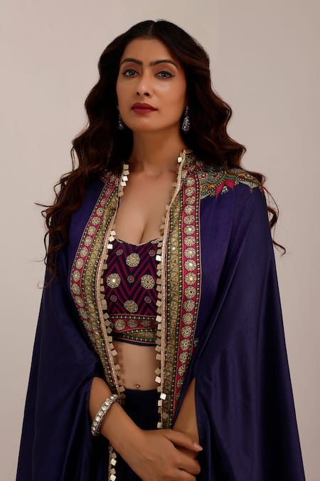 Buy_Surkh Syahi_Blue Cotton, Silk Embroidery Collared Tribal Bloom Print Cape And Draped Skirt Set _Online_at_Aza_Fashions