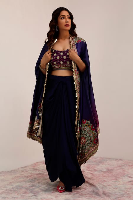 Shop_Surkh Syahi_Blue Cotton, Silk Embroidery Collared Tribal Bloom Print Cape And Draped Skirt Set _Online_at_Aza_Fashions