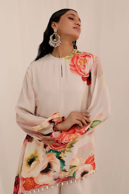 Buy_Surkh Syahi_Peach Chiffon Beads Collared Gul Dasta Print Tunic And Palazzo Set 