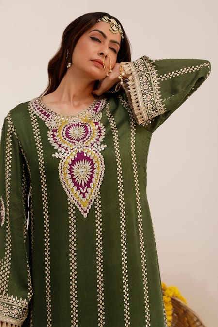 Surkh Syahi_Olive Green Crepe Embroidery, Mirrors, Tribal Bloom Print Kurta And Dhoti Pant Set _Online_at_Aza_Fashions
