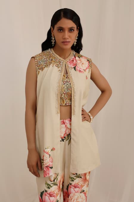 Surkh Syahi_Beige Muslin Embroidery Round Neck Gul Kand Print Jacket And Bell Bottom Pant Set _Online_at_Aza_Fashions