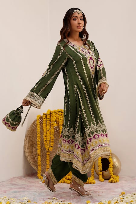 Buy_Surkh Syahi_Olive Green Crepe Embroidery, Mirrors, Tribal Bloom Print Kurta And Dhoti Pant Set _Online_at_Aza_Fashions