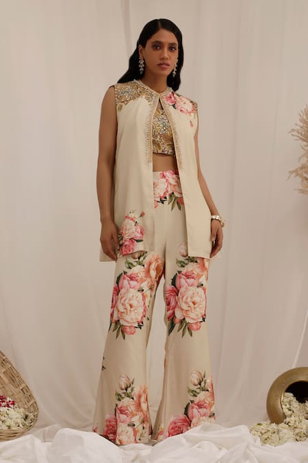 Shop_Surkh Syahi_Beige Muslin Embroidery Round Neck Gul Kand Print Jacket And Bell Bottom Pant Set _Online_at_Aza_Fashions