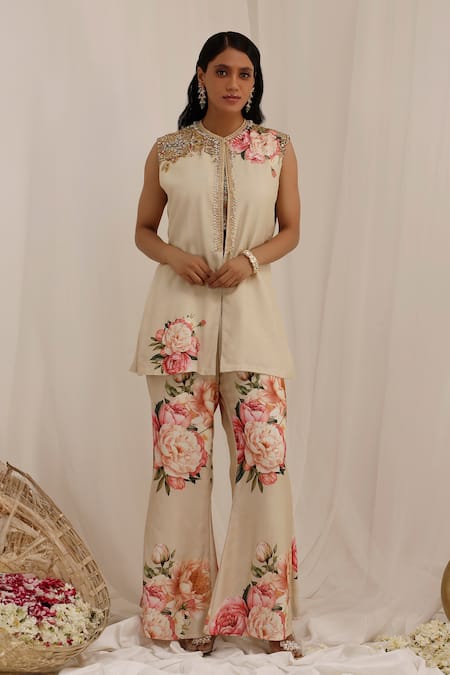 Surkh Syahi_Beige Muslin Embroidery Round Neck Gul Kand Print Jacket And Bell Bottom Pant Set _at_Aza_Fashions
