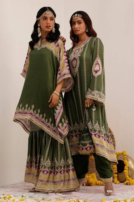 Surkh Syahi_Olive Green Crepe Embroidery, Mirrors, Tribal Bloom Print Kurta And Dhoti Pant Set _at_Aza_Fashions