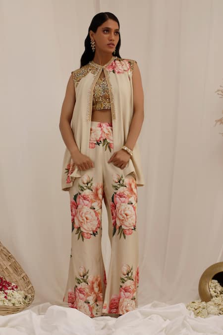 Surkh Syahi Gul Kand Print Jacket & Bell Bottom Pant Set 