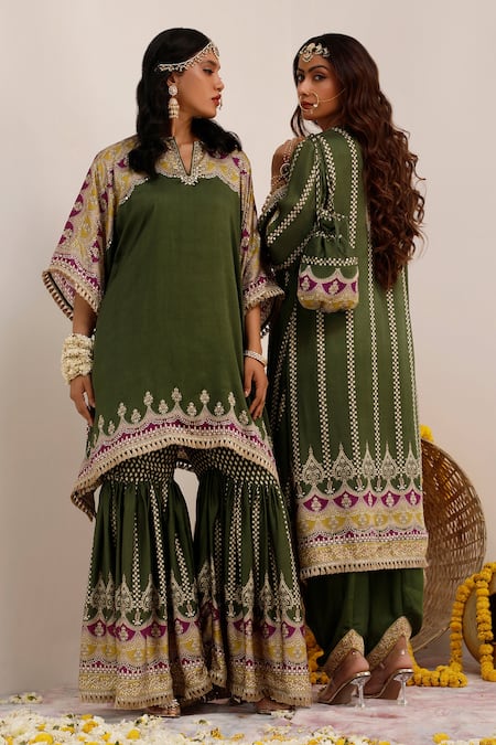 Buy_Surkh Syahi_Olive Green Crepe Embroidery, Mirrors, Tribal Bloom Print Kurta And Dhoti Pant Set 
