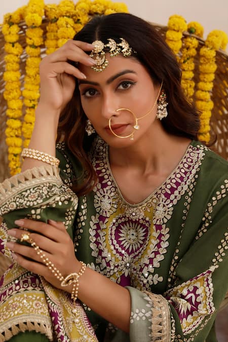 Shop_Surkh Syahi_Olive Green Crepe Embroidery, Mirrors, Tribal Bloom Print Kurta And Dhoti Pant Set 