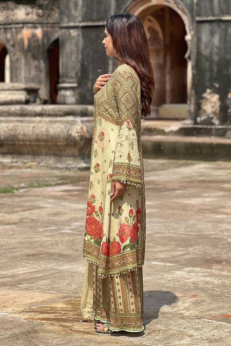 Surkh Syahi_Yellow Crepe Embroidery Round Neck Floral Print Kaftan And Gharara Set_Online_at_Aza_Fashions