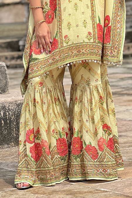 Buy_Surkh Syahi_Yellow Crepe Embroidery Round Neck Floral Print Kaftan And Gharara Set_Online_at_Aza_Fashions