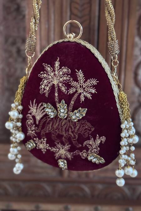 Bhavna Kumar Wine Embroidery, Pearls Velvet Tasseled Clutch Online at Aza Fashions Bhavna Kumar_Wine Embroidery, Pearls Velvet Tasseled Clutch_Online_at_Aza_Fashions