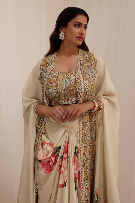 Buy_Surkh Syahi_Beige Muslin Sequins, Embroidery Open Gul Kand Print Cape And Draped Skirt Set _Online_at_Aza_Fashions