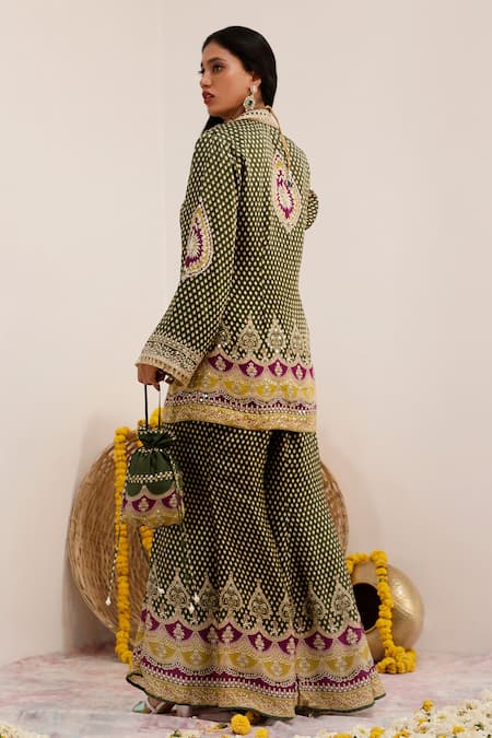 Shop_Surkh Syahi_Green Crepe Foil Printing, Tassels Tribal Blossom Blazer And Sharara Set _at_Aza_Fashions