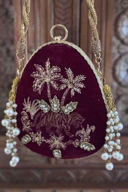 Buy Bhavna Kumar Wine Embroidery, Pearls Velvet Tasseled Clutch Online at Aza Fashions Buy_Bhavna Kumar_Wine Embroidery, Pearls Velvet Tasseled Clutch_Online_at_Aza_Fashions