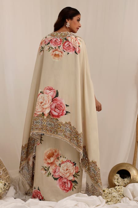 Surkh Syahi Gul Kand Print Cape & Draped Skirt Set 