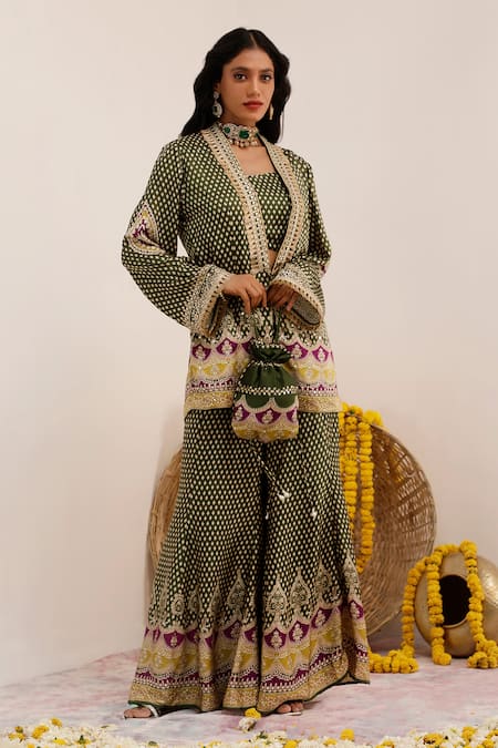Surkh Syahi_Green Crepe Foil Printing, Tassels Tribal Blossom Blazer And Sharara Set _Online_at_Aza_Fashions
