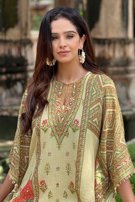 Shop_Surkh Syahi_Yellow Crepe Embroidery Round Neck Floral Print Kaftan And Gharara Set_Online_at_Aza_Fashions