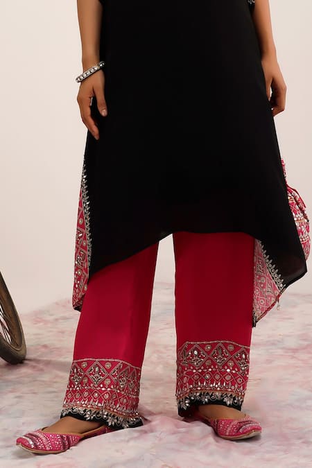 Surkh Syahi Black Crepe Embroidery, Mirrors Collared And Pink Blossom Kaftan Set Online at Aza Fashions Surkh Syahi_Black Crepe Embroidery, Mirrors Collared And Pink Blossom Kaftan Set _Online_at_Aza_Fashions