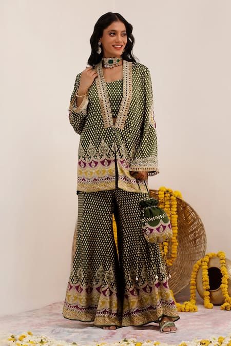Surkh Syahi Green Cotton, Silk Embroidery, Sequins Tribal Blossom Print Blazer And Sharara Set 