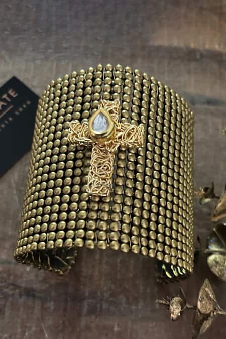 Shop_Rejuvenate Jewels_Gold Plated Stones Kundan Mesh Cross Bracelet _at_Aza_Fashions