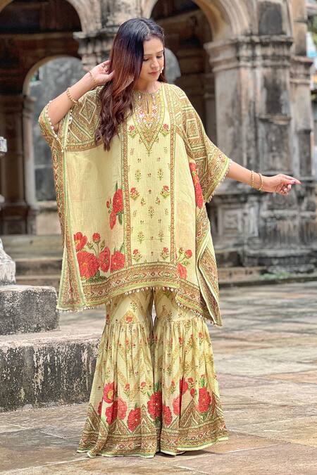 Buy_Surkh Syahi_Yellow Crepe Embroidery Round Neck Floral Print Kaftan And Gharara Set