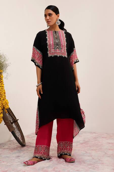 Buy_Surkh Syahi_Black Crepe Embroidery, Mirrors Collared And Pink Blossom Kaftan Set _Online_at_Aza_Fashions