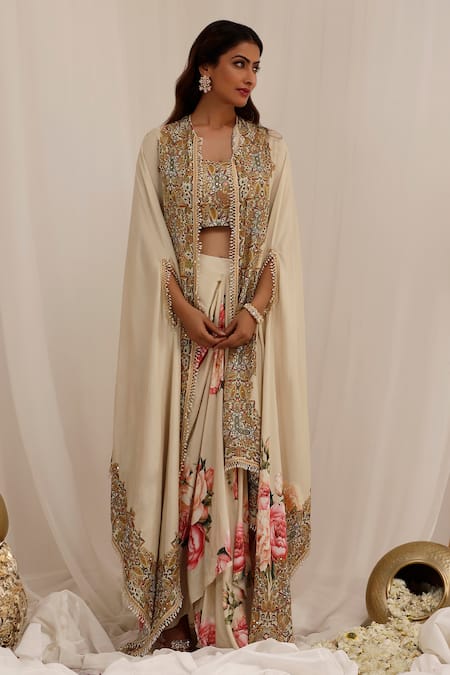 Shop_Surkh Syahi_Beige Muslin Sequins, Embroidery Open Gul Kand Print Cape And Draped Skirt Set _Online_at_Aza_Fashions