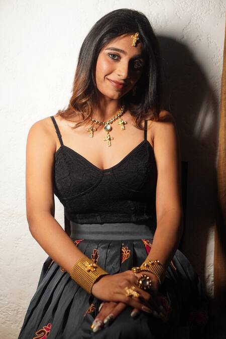 Buy_Rejuvenate Jewels_Gold Plated Stones Kundan Mesh Cross Bracelet _Online_at_Aza_Fashions