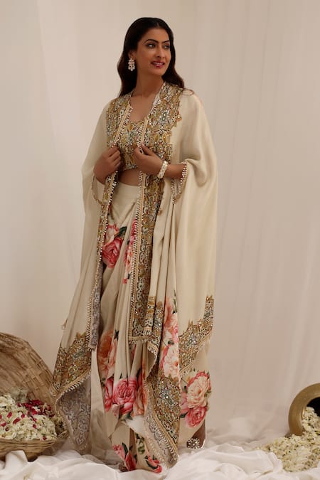 Surkh Syahi_Beige Muslin Sequins, Embroidery Open Gul Kand Print Cape And Draped Skirt Set _at_Aza_Fashions