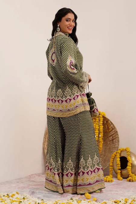 Buy_Surkh Syahi_Green Crepe Foil Printing, Tassels Tribal Blossom Blazer And Sharara Set _Online_at_Aza_Fashions