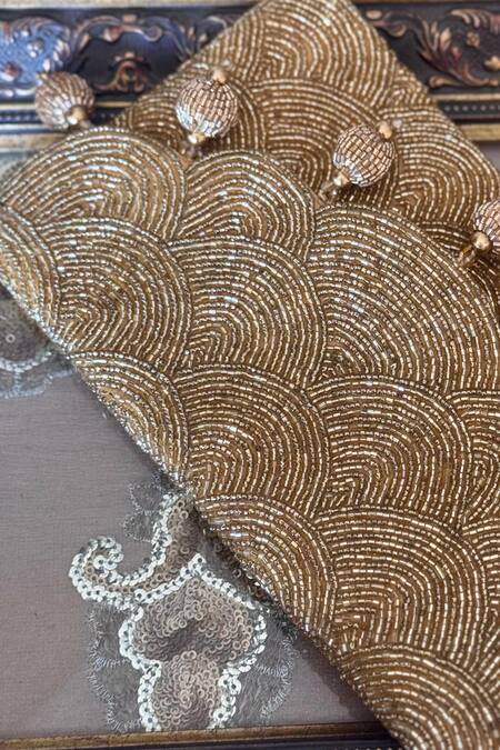 Bhavna Kumar Gold Beads Scalloped Clutch Online at Aza Fashions Bhavna Kumar_Gold Beads Scalloped Clutch_Online_at_Aza_Fashions
