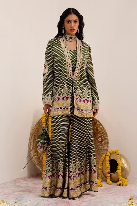 Shop_Surkh Syahi_Green Crepe Foil Printing, Tassels Tribal Blossom Blazer And Sharara Set _Online_at_Aza_Fashions