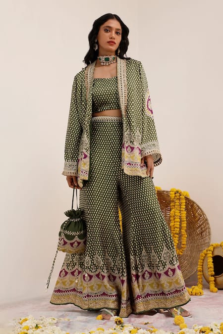 Surkh Syahi_Green Crepe Foil Printing, Tassels Tribal Blossom Blazer And Sharara Set _at_Aza_Fashions